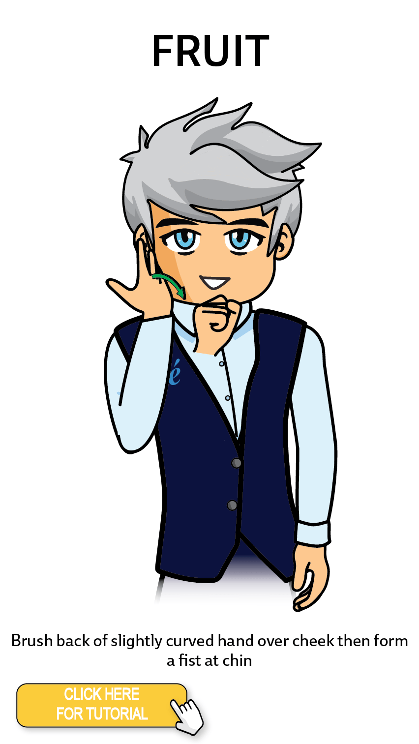 The Cérge character performing sign language for the word Fruit. The Keyword Sign instructions are: Brush back of slightly curved hand over cheek then form a fist at chin.